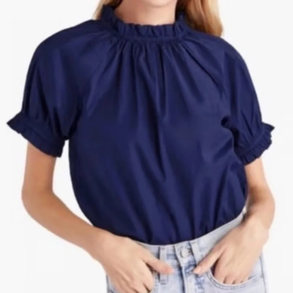HILL HOUSE KIT COTTON STRETCH BLOUSE NAVY BLUE WITH RUFFLE DETAILS - Picture 1 of 8